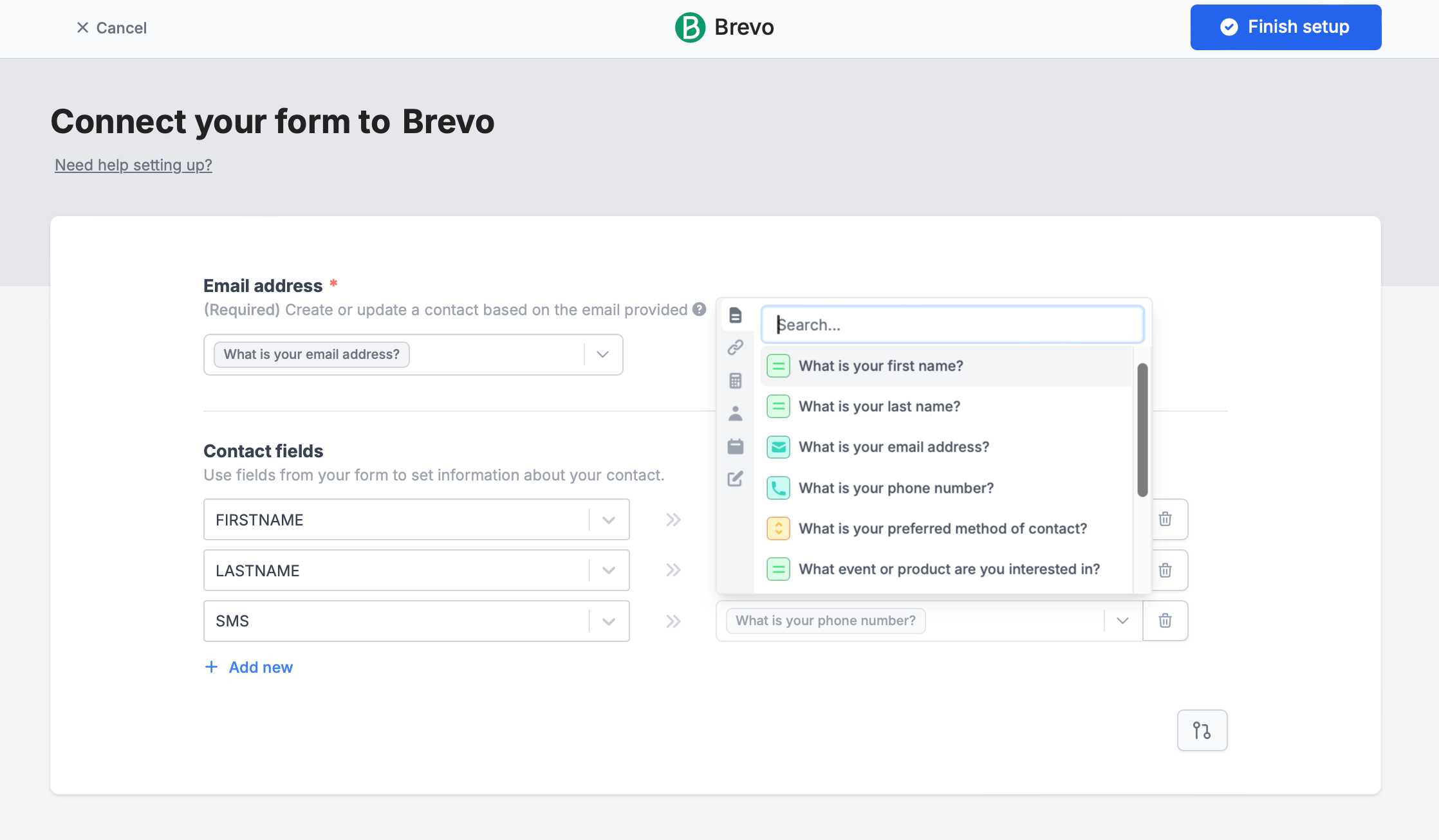 Screenshot of the Integrate tab of a form