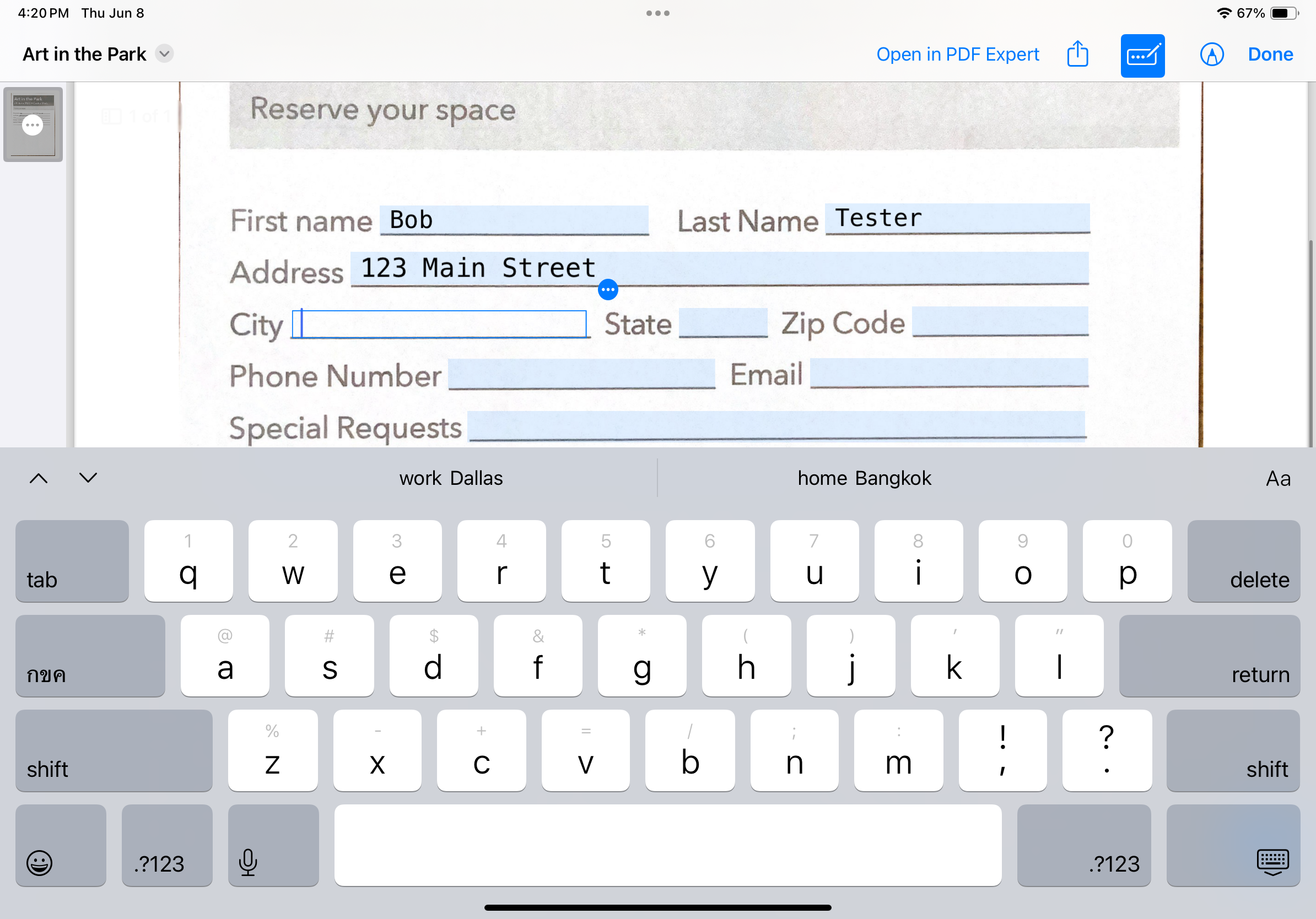iOS 17’s new form AI can recognize scanned paper form fields and auto-suggest the text you should enter to fill them out (including the two city names—Dallas and Bangkok—in above the keyboard in this screenshot).