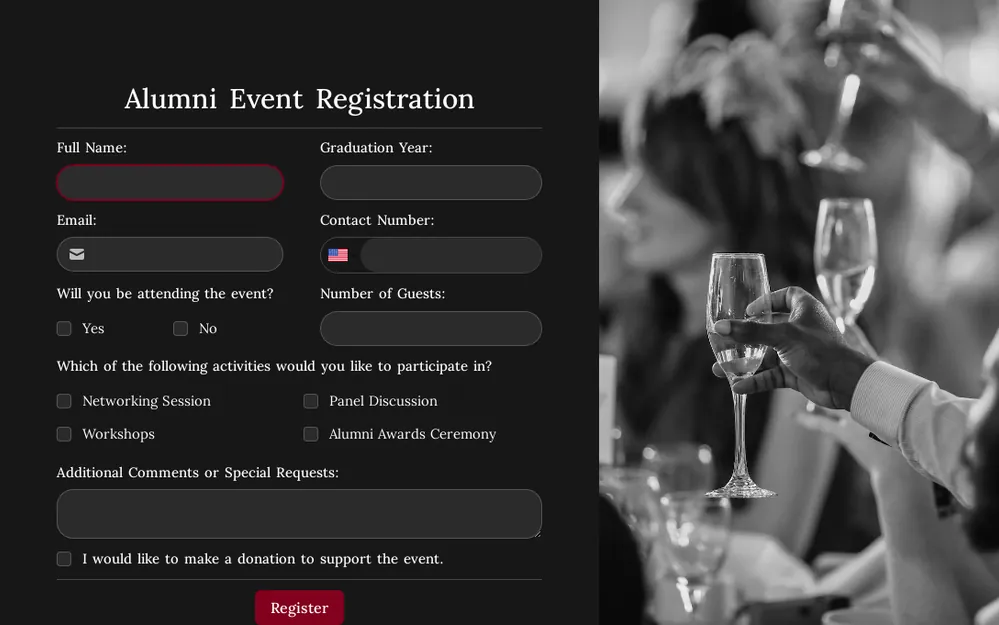Modèle de formulaire d'inscription à un événement pour les anciens élèves template preview