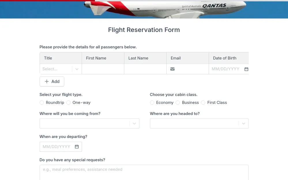 Flight Reservation Form Template template preview