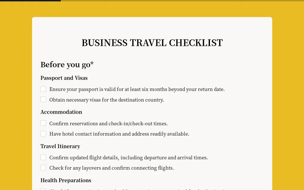 Plantilla de lista de verificación para viajes de negocios internacionales template preview