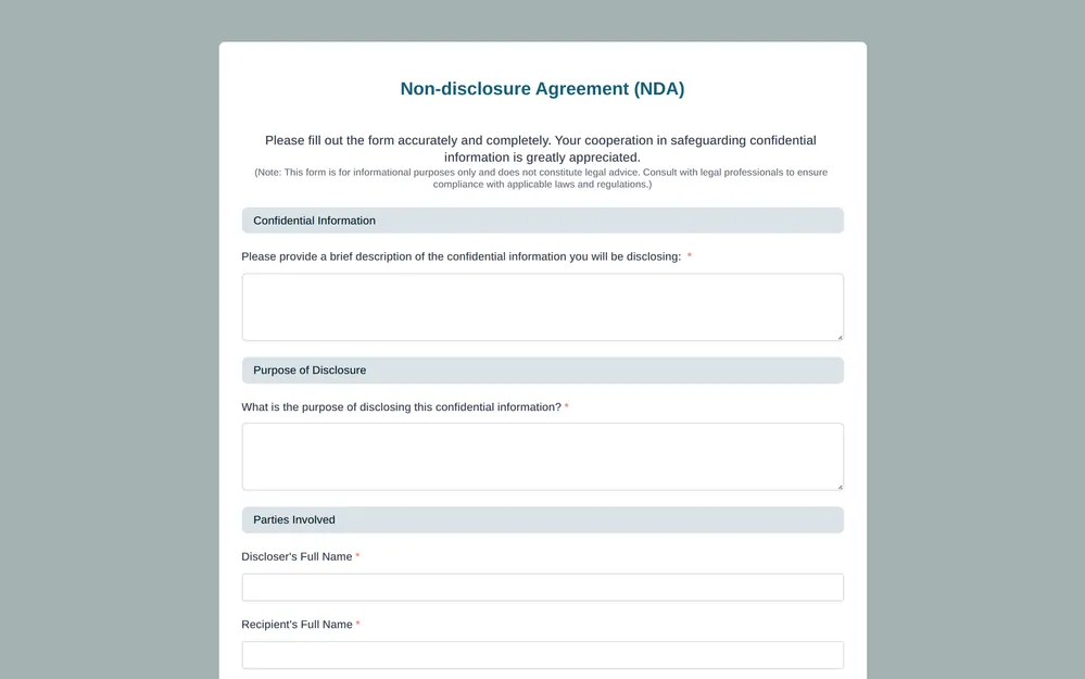 Non-Disclosure Agreement (NDA) Form Template template preview
