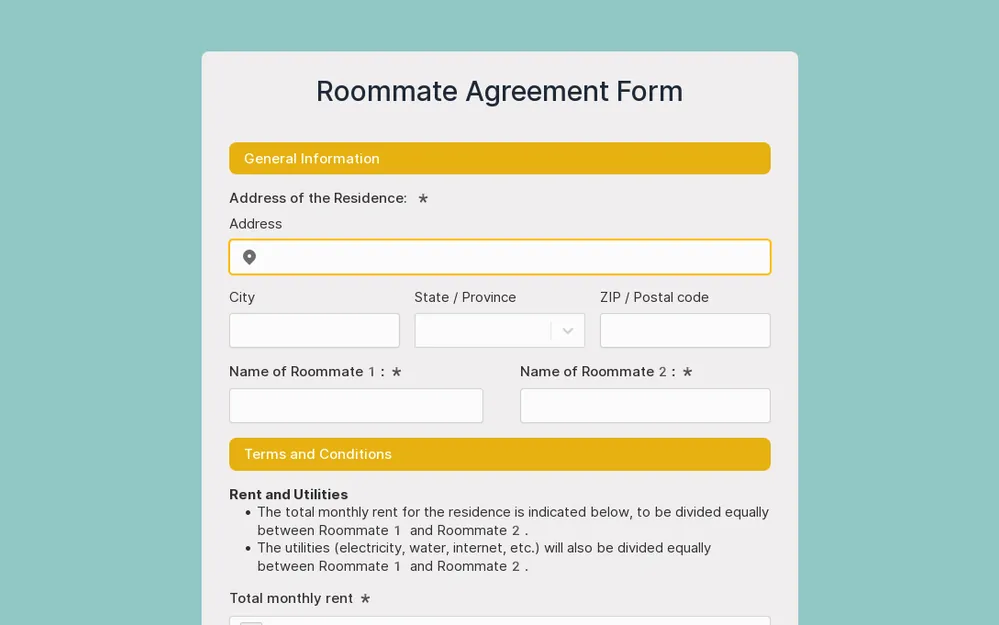 Roommate Agreement Form Template template preview
